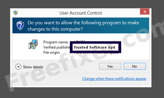 Screenshot where Trusted Software ApS appears as the verified publisher in the UAC dialog